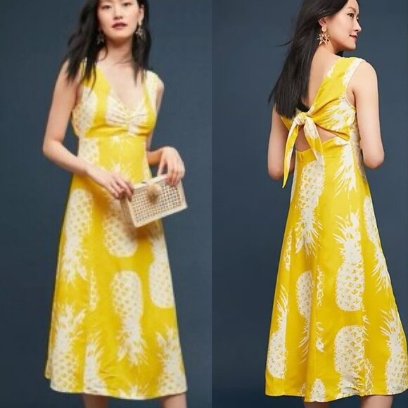 Anthropologie Maeve Pineapple Print Linen Blend Midi Dress - Picture 2 of 8